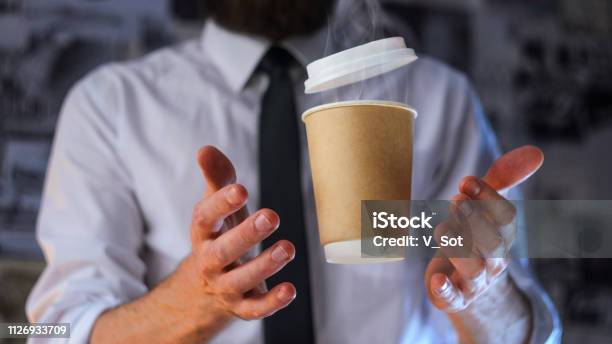 Barista And Levitating Paper Cup Of Hot Coffee Stock Photo - Download Image Now - Adventure, Authority, Bar - Drink Establishment