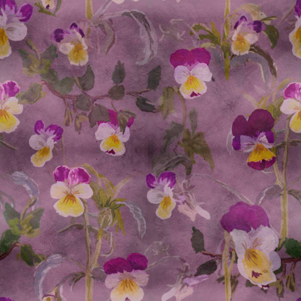 istock Seamless pattern, realistic watercolor in a haze - perennial pansies on a pink-gray background. 1126935608
