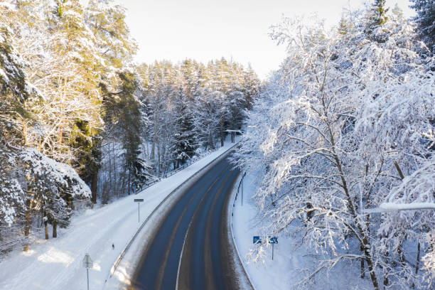 istock Road at white winter landscape in the forest. 1126937836