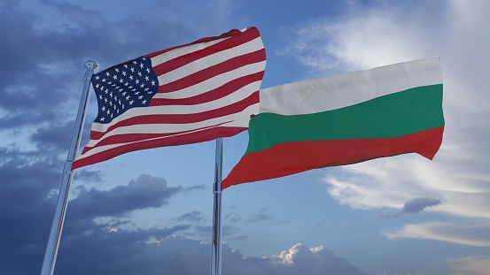 Banderas nacionales de Estados Unidos y Bulgaria - 3D ilustración imágenes de archivo photo