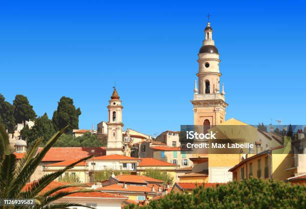 The Steeples Of Menton France Stock Photo - Download Image Now - Alpes-Maritimes, Architecture, Blue