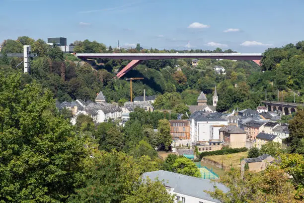 Luxembourg city, the capital of Grand Duchy of Luxembourg, with Grand Duchess Charlotte bridge between the old medieval city and Kichberg with buildings of European Union