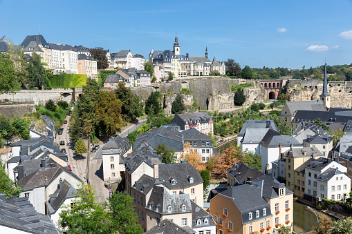 Luxembourg city, the capital of Grand Duchy of Luxembourg, aerial view of the Old Town and Grund