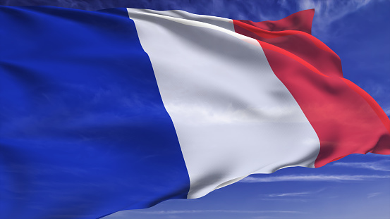 French flag with fabric structure against a cloudy sky