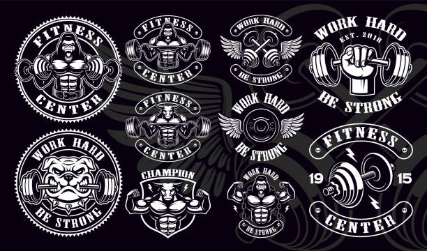 Set of vintage badges, symbols, shirt designs for gym. Set of vintage badges, symbols, shirt designs for gym. Layered, text is on the separate group, and easy removable. gym clipart stock illustrations