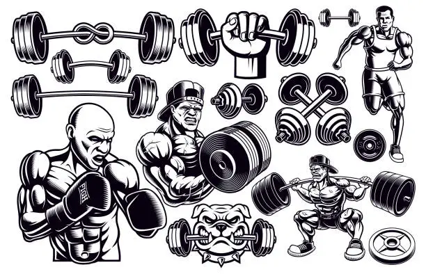 Vector illustration of Set of black and white design elements for gym.