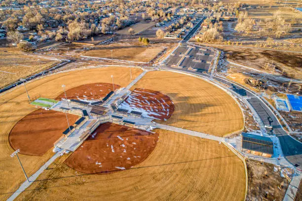 Riverside Park at Evans, Colorado rebuilt after flooding of the South Platte River, aerial view in winter scenery