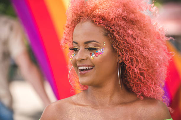 Afro woman celebrating Carnival Glitter, Make-Up, Stage Make-Up, Human Face, Afro pink hair stock pictures, royalty-free photos & images
