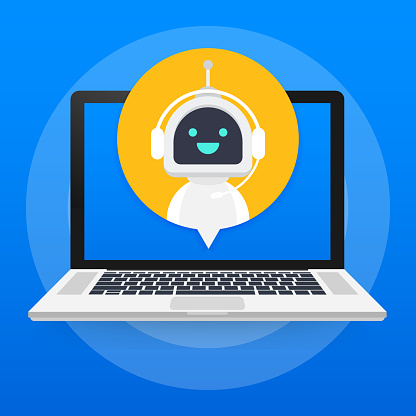 Chat Bot Using Laptop Computer, Robot Virtual Assistance Of Website Or Mobile Applications. Voice support service bot. Online support bot. Vector stock illustration.