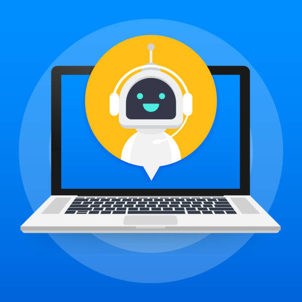 Chat Bot Using Laptop Computer, Robot Virtual Assistance Of Website Or Mobile Applications. Voice support service bot. Online support bot. Vector illustration. Chat Bot Using Laptop Computer, Robot Virtual Assistance Of Website Or Mobile Applications. Voice support service bot. Online support bot. Vector stock illustration. retail clerk illustrations stock illustrations