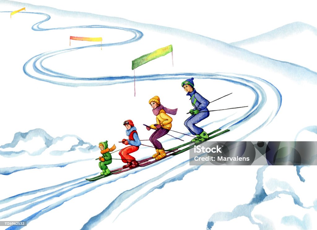 Family at the ski resort Watercolor illustration on white background Ski Track stock illustration