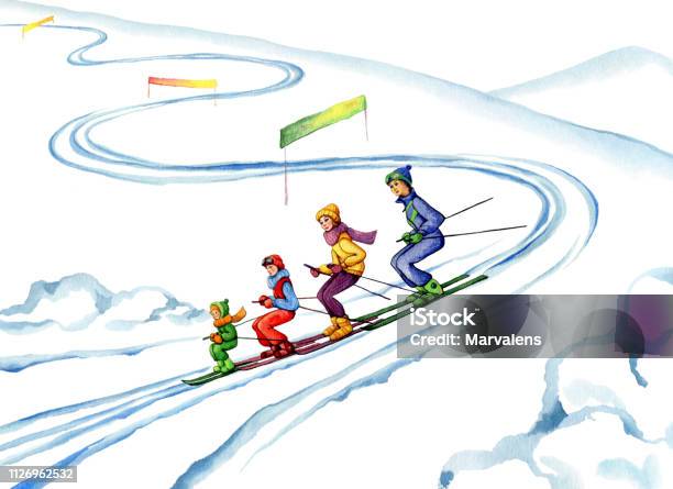 Family At The Ski Resort Stock Illustration - Download Image Now - Ski Track, Boys, Cheerful