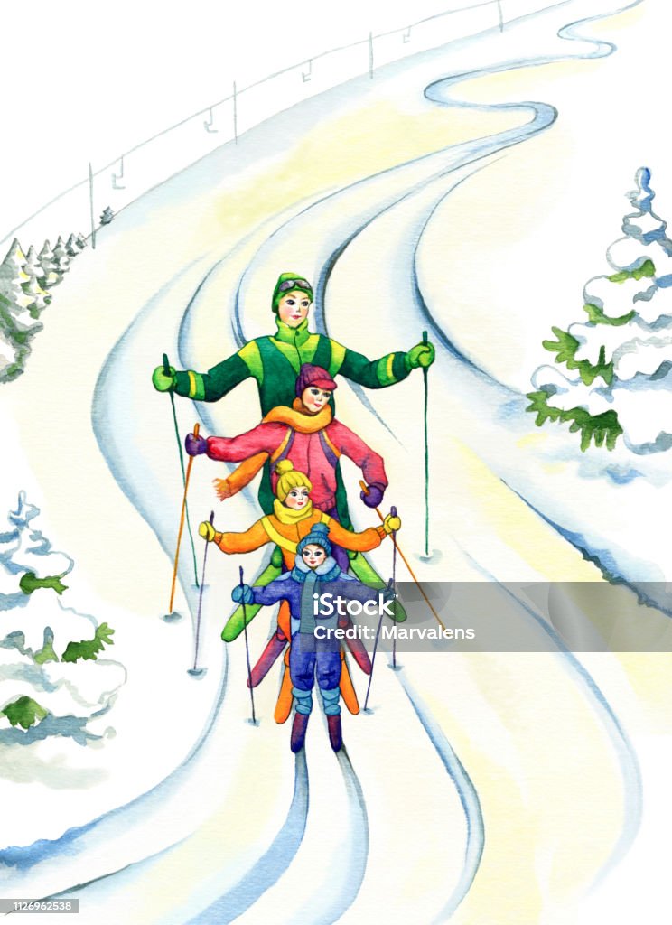 Family vacation skiing in winter Watercolor illustration on white background Boys stock illustration