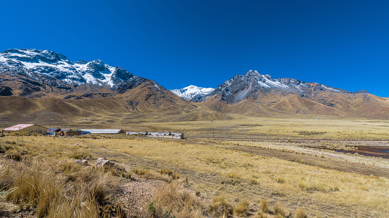 Panorama of the mountain ranges of the Andes mountains in Peru, filmed in the highlands.