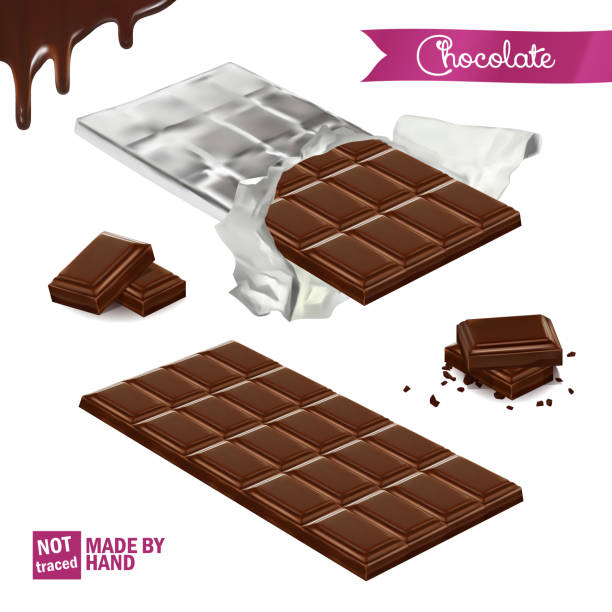 ilustrações, clipart, desenhos animados e ícones de barra de chocolate realista envolto em papel alumínio. pedaços de chocolate de diferentes ângulos. chocolate derretido sem emenda - chocolate candy unhealthy eating eating food and drink