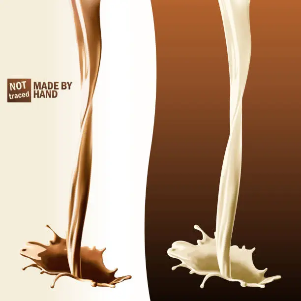 Vector illustration of Realistic splash of pouring milk and chocolate. Isolated vector design elements.