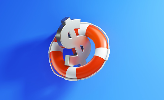 Life buoy and American Dollar sign on blue background. Horizontal composition with copy space.