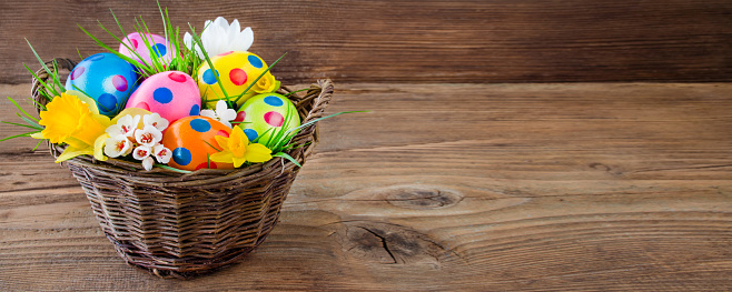 Easter eggs in basket and wooden background banner