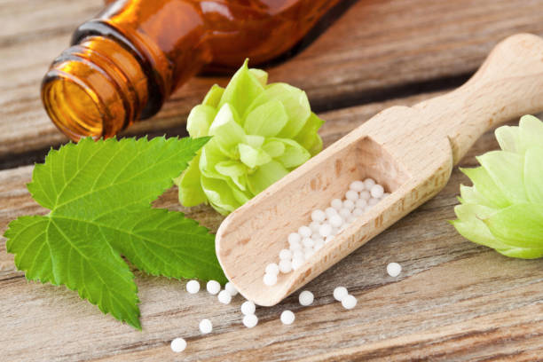 globules et hop vert frais - homeopatic medicine photos et images de collection