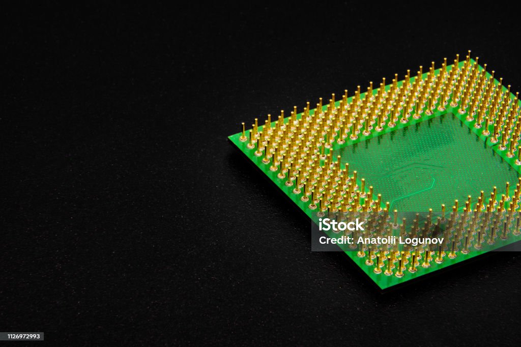 Contacts of the processor for the personal computer The processor for a personal computer has many pins for connecting to devices on the motherboard. Gold plated contacts Authority Stock Photo