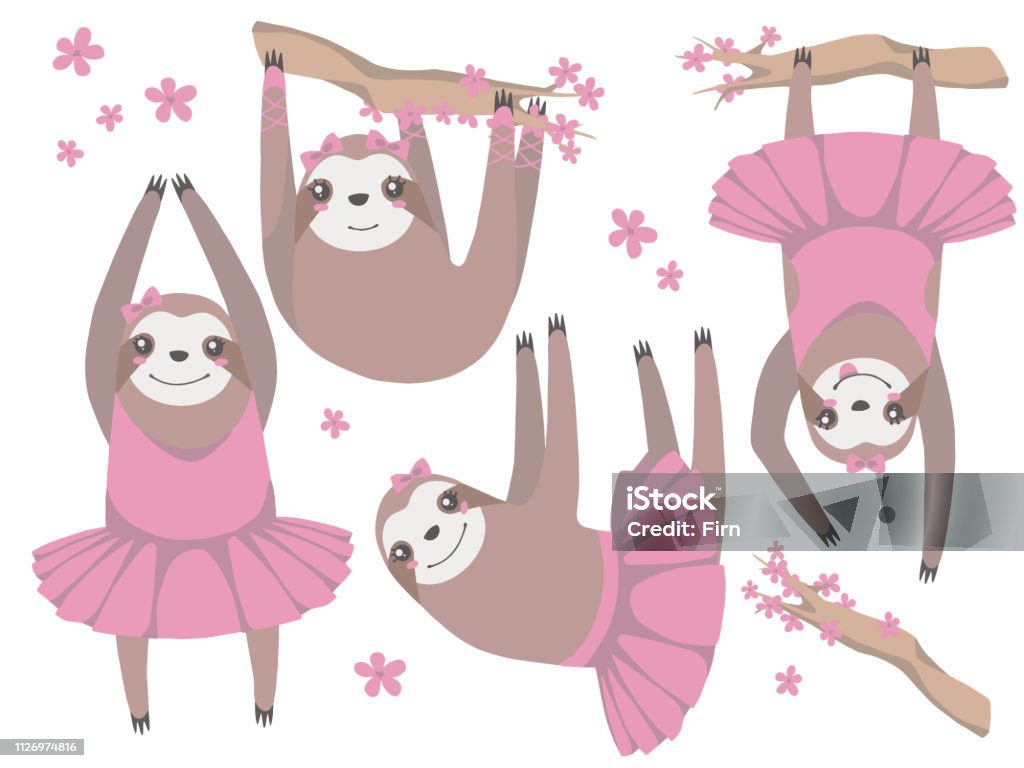 Vector illustration collection of isolated funny girlish cartoon style ballerina sloths with pink tutus Art suitable for children nursery Animal stock vector