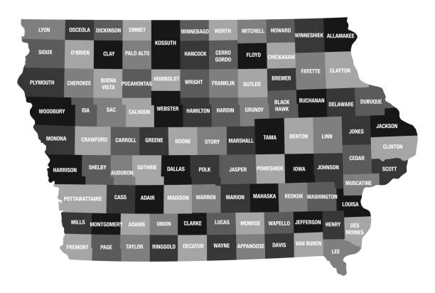 ilustrações, clipart, desenhos animados e ícones de mapa detalhado do estado de iowa, com divisões do condado - clayton