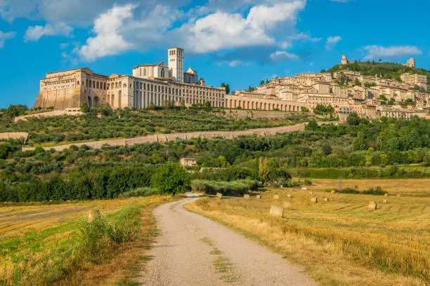 Panoramic view of Assisi, in the Province of Perugia, in the Umbria region of Italy.