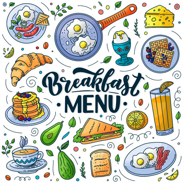 elementy menu śniadaniowego. wektor doodle ilustracji. kaligrafii i tradycyjny posiłek śniadaniowy. - breakfast stock illustrations