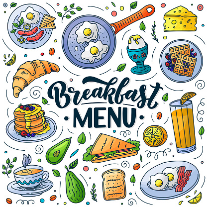Breakfast menu design elements. Vector doodle style illustration. Hand drawn calligraphy lettering and traditional breakfast meal. Egg, avocado, bacon, coffee icons.