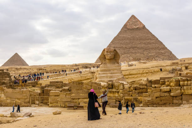 View on great pyramids and Sphinx in Giza plateau. Cairo, Egypt stock photo