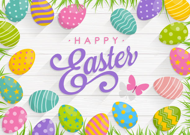 пасхальный фон с красочными яйцами на фоне дерева с текстом счастливая пасха - easter stock illustrations