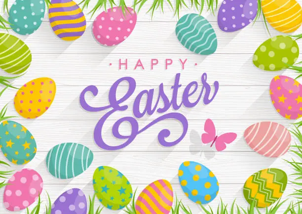 Vector illustration of Easter background with colorful eggs on Wood background with text Happy Easter