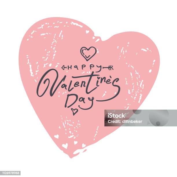 Happy Valentines Day Dusty Pink Vintage Heart With Handwritten Modern Inscription And Cupids Arrow Stock Illustration - Download Image Now