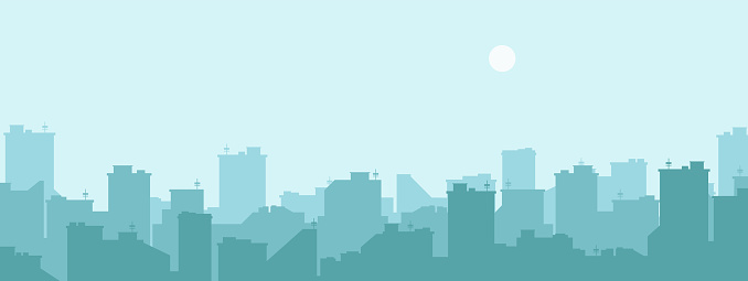 Silhouette of the city. Cityscape background. Simple blue texture. Urban landscape. For banner or template. Modern city with layers. Flat style vector illustration.