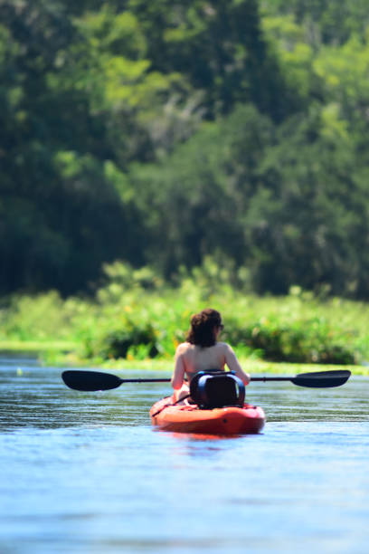 istock Girl kayaking away down calm river in forest with paddle across her lap 1126979821