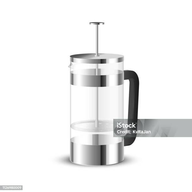 Realistic Vector Of Beautiful Steel And Glass French Press Coffee Maker Stock Illustration - Download Image Now