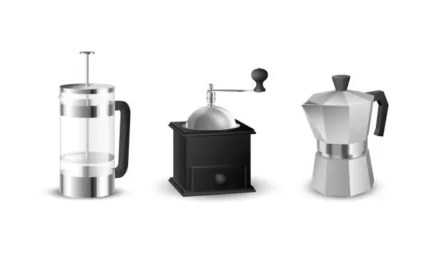 Vector illustration of Realistic vector set of beautiful italian aluminium coffee mocca kettle, french press coffee maker and a black vintage coffee grinder on white background.