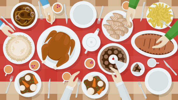 A high quality horizontal background of table with dishes and people's hands top view. Festive dinner. View from above. Simple cartoon template. Flat style vector illustration. A high quality horizontal background of table with dishes and people's hands top view. Festive dinner. View from above. Simple cartoon template. Flat style vector illustration. thanksgiving dinner stock illustrations