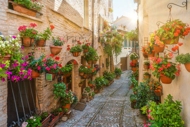 Scenic sight in Spello, flowery and picturesque village in Umbria, province of Perugia, Italy. stock photo