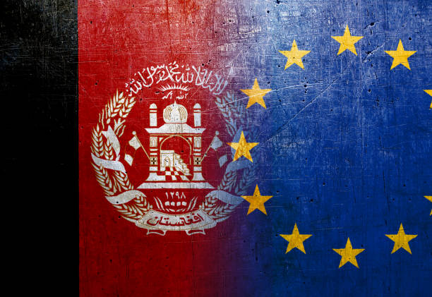 istock Afghanistan and EU flags on the grunge metal background 1126991826