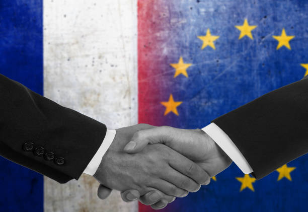 Two men/politicians in suits shaking hands - France and EU Two men/politicians in suits shaking hands with the national flags on the background Patent Cooperation Treaty stock pictures, royalty-free photos & images
