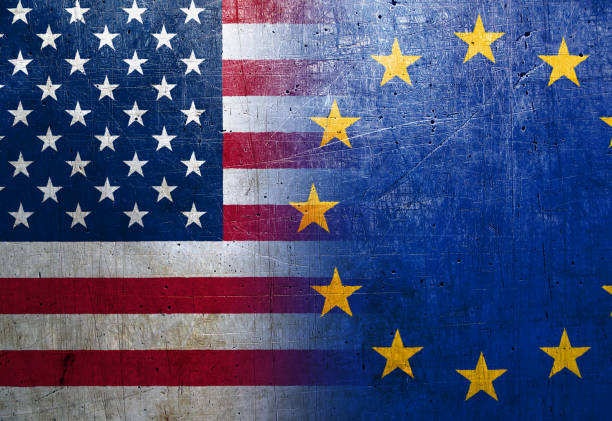 United States and European Union flags on the grunge metal background National flags on the grunge metal background diplomacy photos stock pictures, royalty-free photos & images