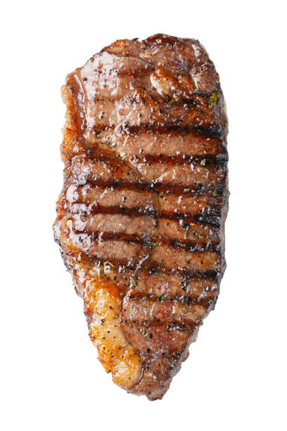 sagital de bife grelhado carne marmorizada isolado no fundo branco, vista superior. isolado - roasted macro freshness vertical - fotografias e filmes do acervo