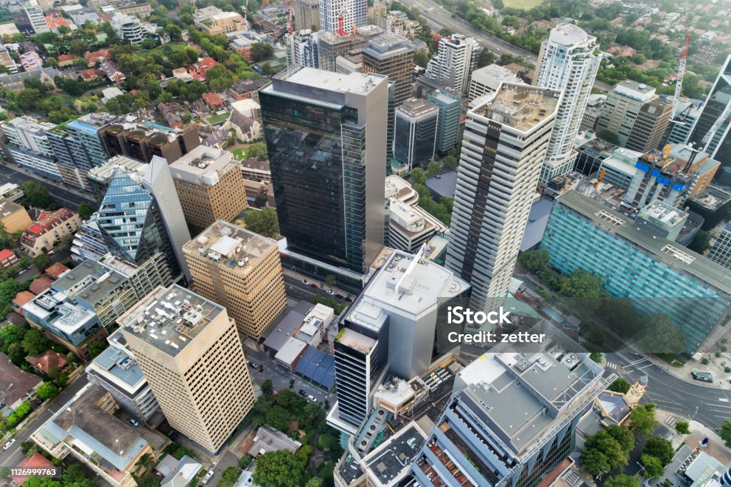 D N Syd Around CCA No Sky Tall high-rise building towers in modern urban city CBD - aerial elevated view top down. North Sydney, Australia. Australia Stock Photo