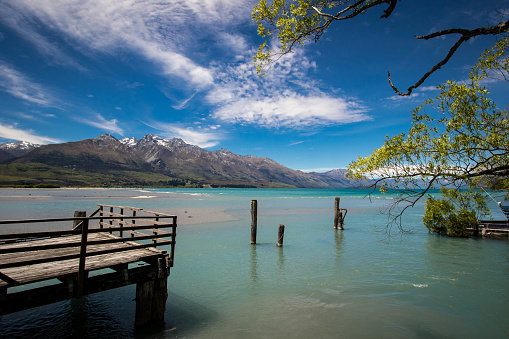 Estuary of a river into Lake Wakatipu, at Kinloch, in the Southern Alps of New Zealand