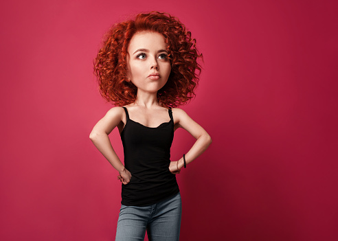 Funny red curly girl with big head and funny hairstyle. Caricature stylization of female logic