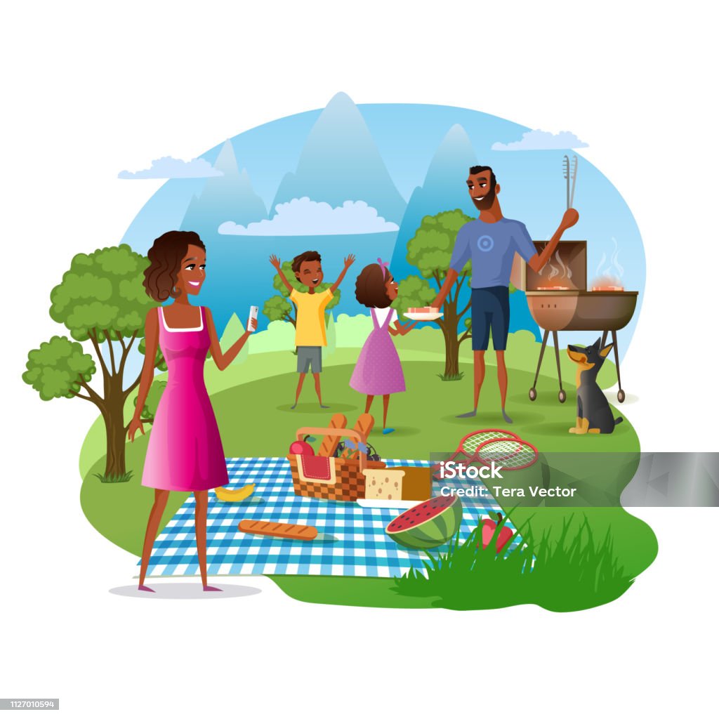 Family Picnic in National Park Cartoon Vector Family Picnic and Hike in Mountains Cartoon Vector Concept. African-American Father with Kids Cooking Meat on Barbeque Grill, Mother Taking Photos of Nature Illustration Isolated on White Background Family stock vector Family Picnic in National Park Cartoon Vector Family Picnic and Hike in Mountains Cartoon Vector Concept. African-American Father with Kids Cooking Meat on Barbeque Grill, Mother Taking Photos of Nature Illustration Isolated on White Background Family stock vector