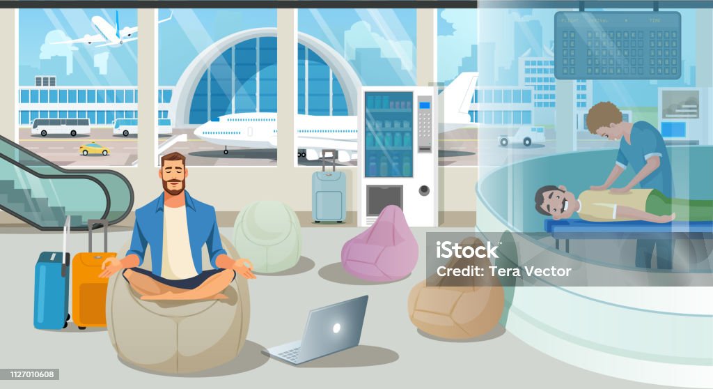 Airport Waiting Room or Lounge Service Vector Businessman on Trip or Traveling Freelancer Comfortably Meditating in Airport Recreation Area with Massage Service. Waiting for Plane, Relaxing After Flight, Airport Attractions Cartoon Vector Concept Adult stock vector