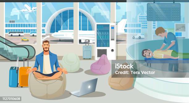 Airport Waiting Room Or Lounge Service Vector Stock Illustration - Download Image Now - Adult, Adults Only, Airplane