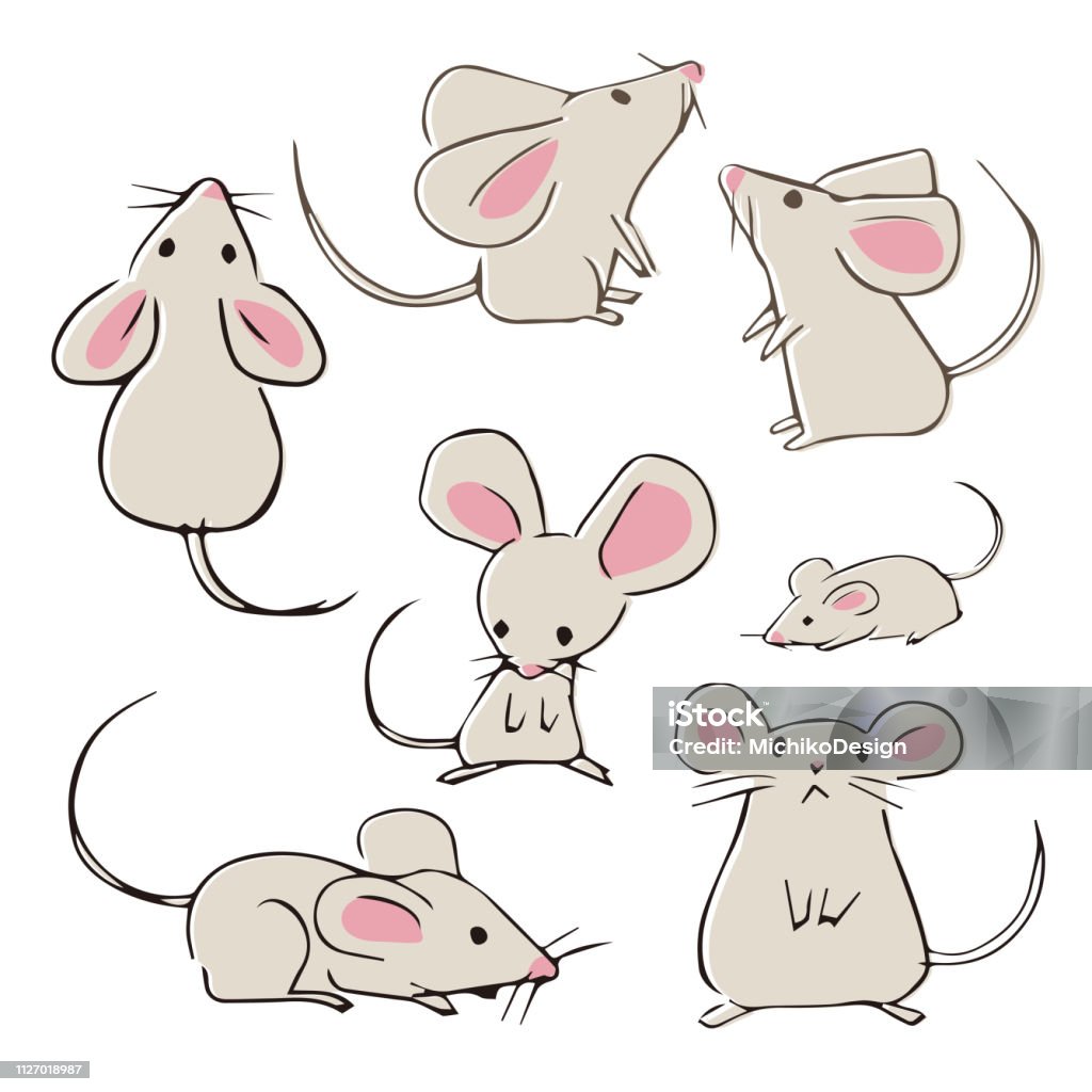Lindos mano mouses con diferentes poses - arte vectorial de Ratón - Animal libre de derechos